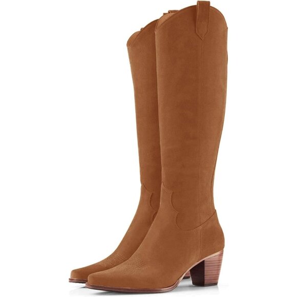 Women Brown Cowboy Knee High Boot Chunky Block Heel Square Toe Tall Riding Boots - Picture 1 of 5